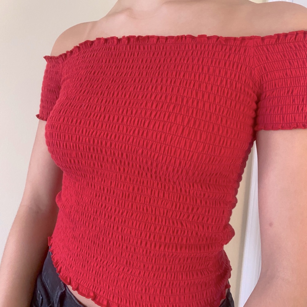 Off the shoulder red top
